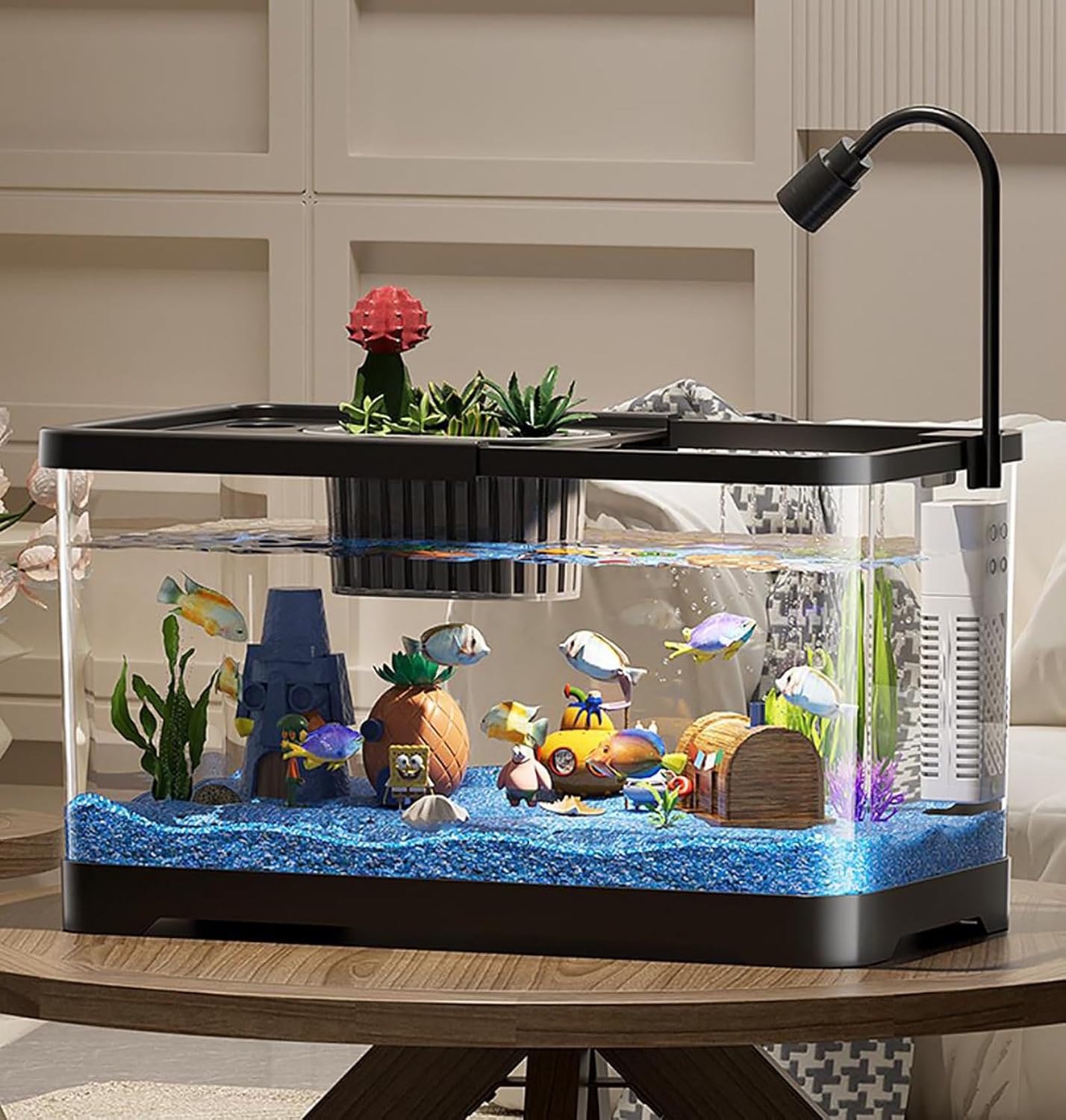 TaLcuS Acrylic Aquarium with LED Light, Rectangular Aquarium with Filter and Oxygen Supply, Gold Fish Tank Starter Kit, Clear Silent Aquarium(Black,52.7 * 29.3 * 28cm)