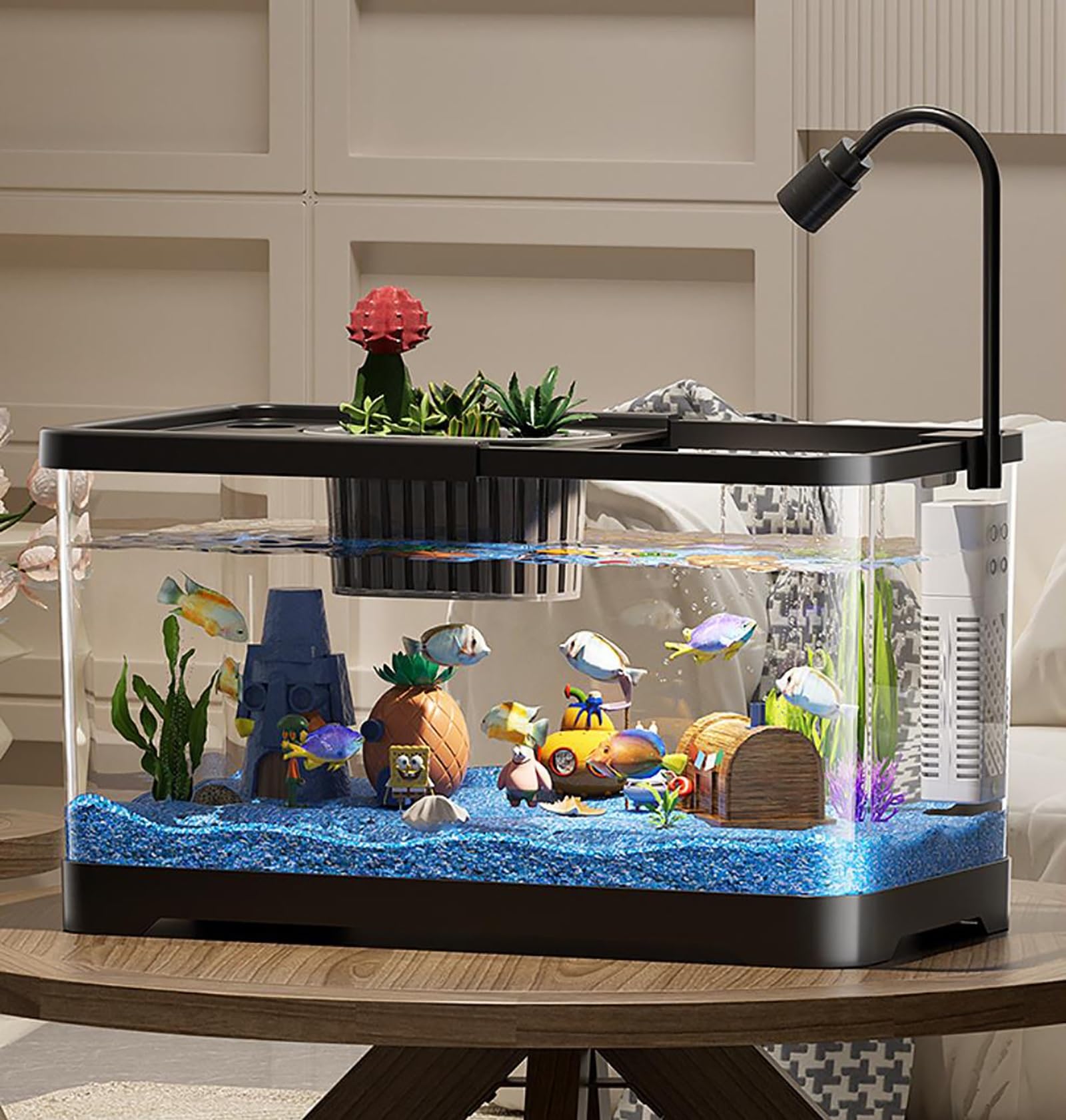 TaLcuS Acquario con Filtro e Luce, Kit Acquario Piccolo, Acquario Rettangolare con Luce LED, Sistema di filtraggio a Vassoio(Black,37.6 * 21 * 21cm)
