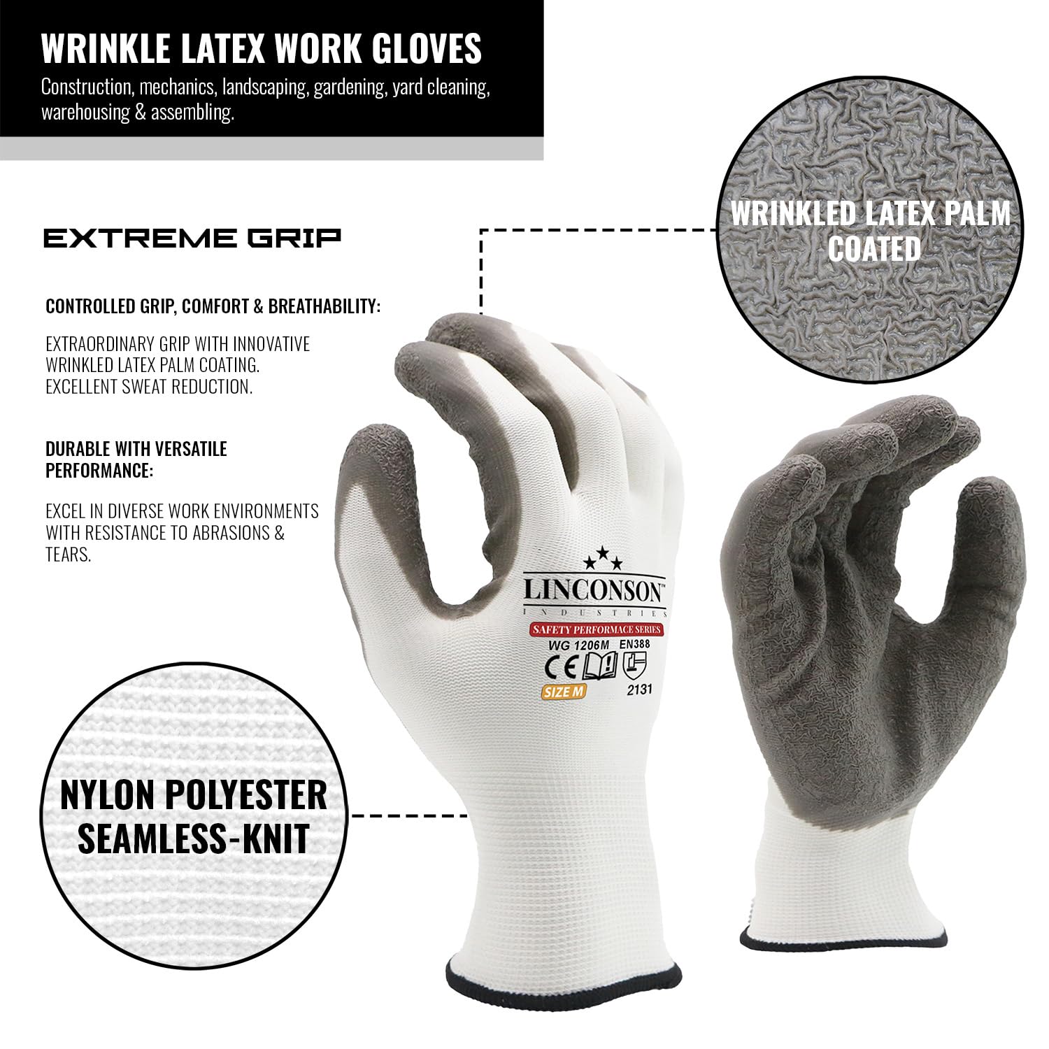 linconson Safety Performance Series Lot de 12 gants de travail en latex pour mécaniciens de construction