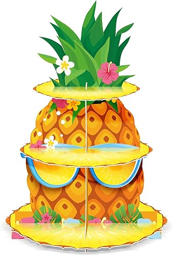 Zopeal Soporte para cupcakes de piña hawaiana de 3 niveles con temática de piña, soporte para cupcakes Luau Aloha, decoración de cupcakes