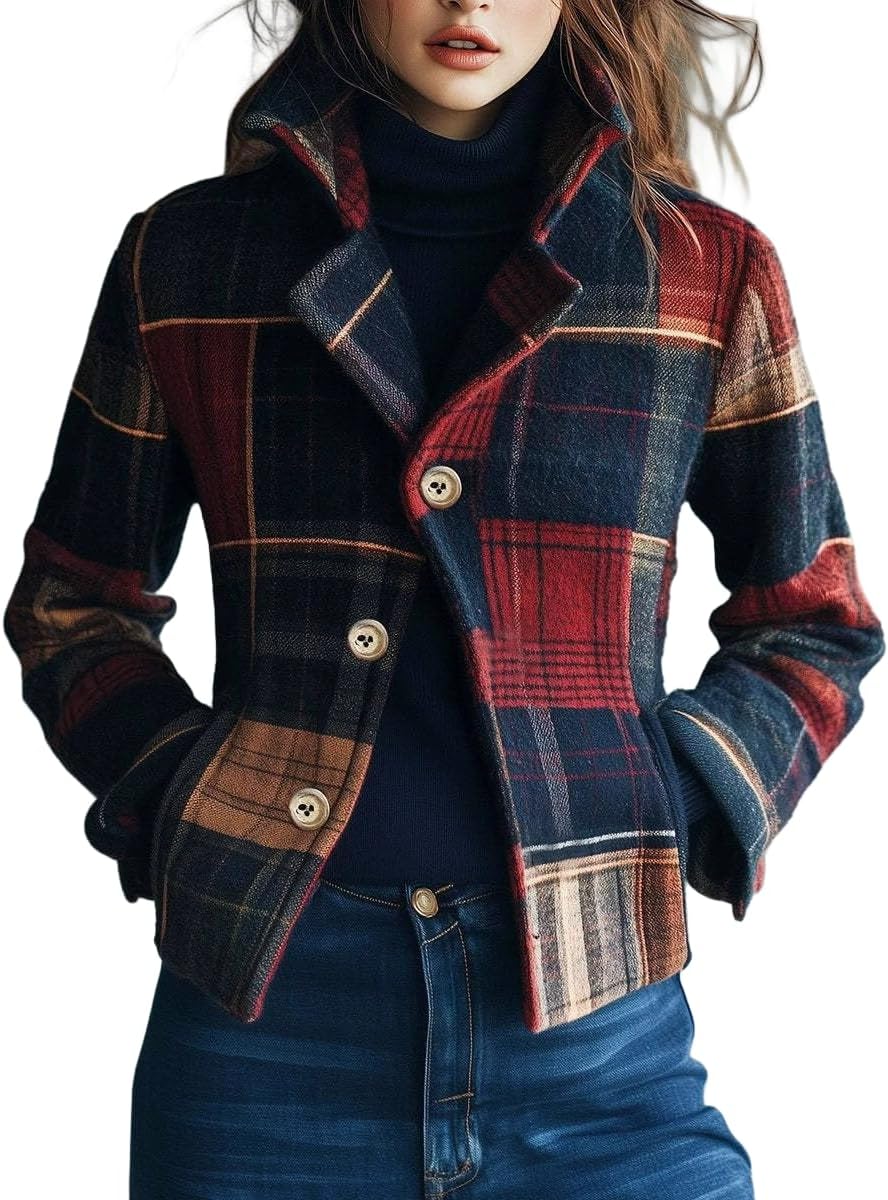 THLAI Womens Plaid Retro Warm Blazer Stand Collar Color-Block & Button Detail Casual Coat Fall Outerwear