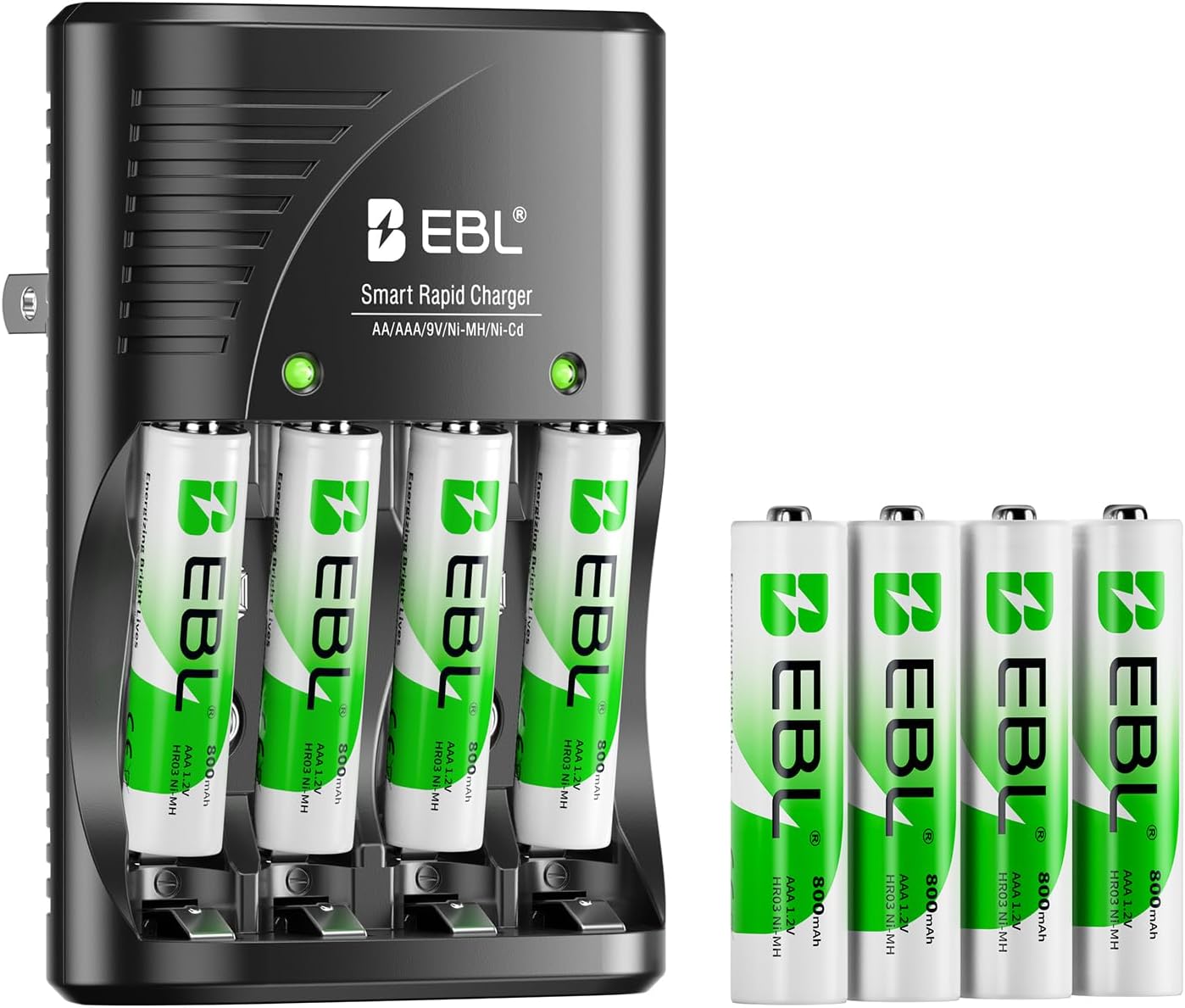 Rechargeable AAA Batteries (8 Packs) with Smart Rapid Battery Charger with AC Wall Plug for AA AAA 9V Ni-MH Ni-CD Rechargeable Batteries