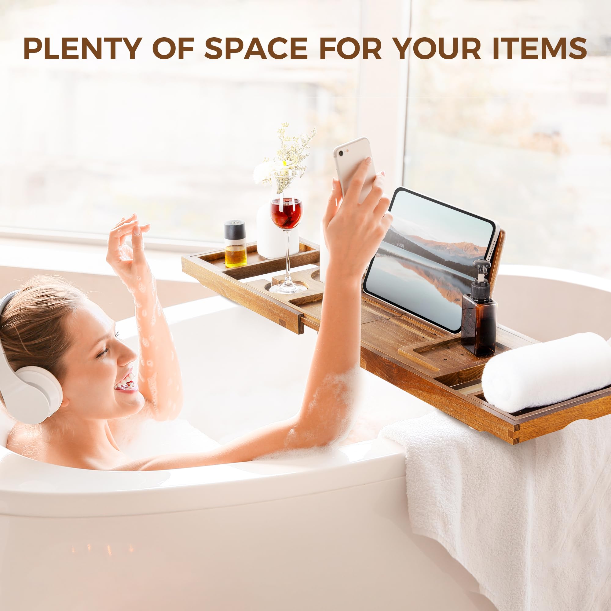 Temple Spring Vassoio da bagno estensibile per vasca da bagno con candele, bicchieri da vino, libri, supporti per iPad e telefono,vassoio da bagno regolabile in bambù sopra gli accessori vasca-Marrone