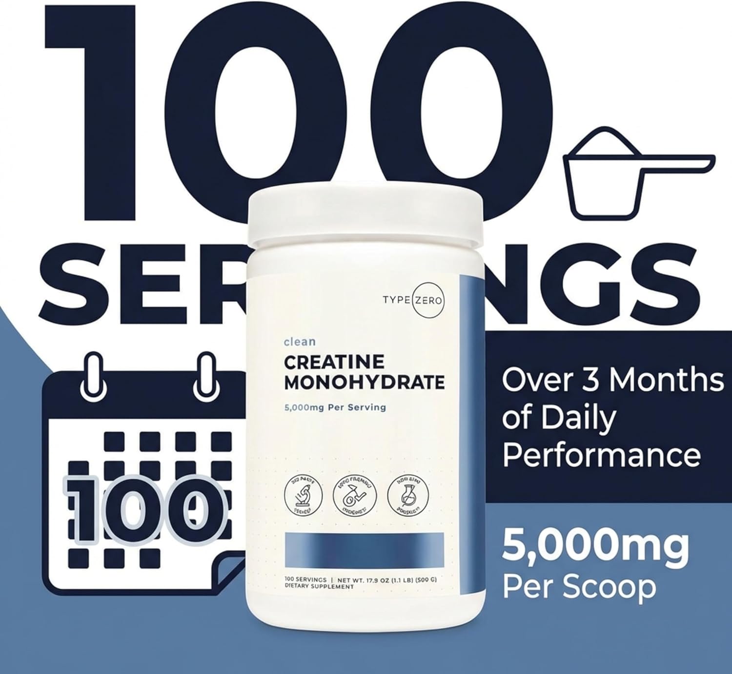 Type Zero Creatine Monohydrate Powder (Unflavored | 500g), 5000 mg Per Serving, Micronized, Zero Sugar, Keto Friendly & Gluten Free, 100 Servings