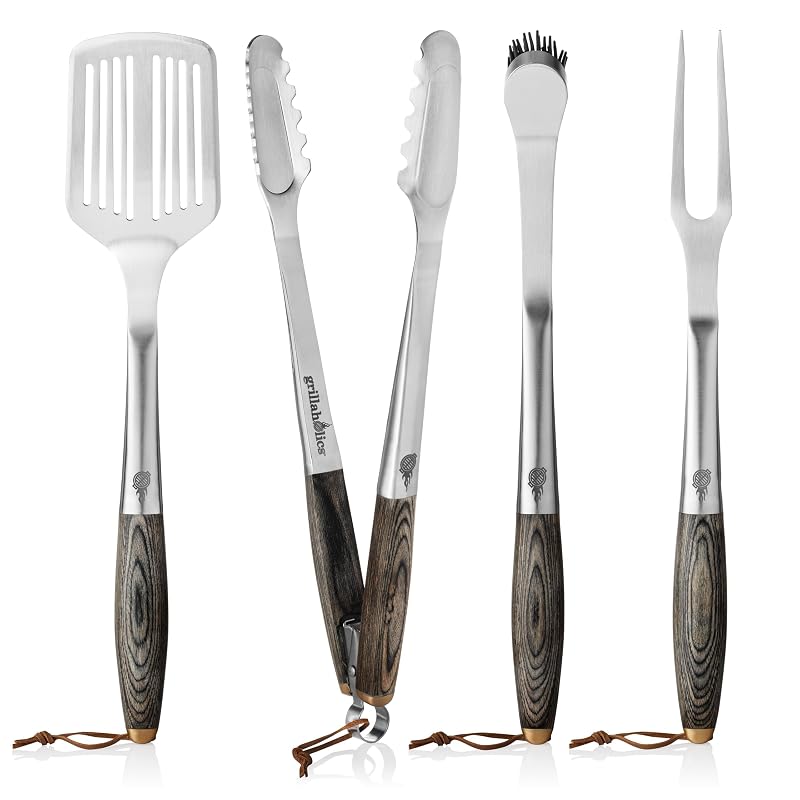 Grillaholics Premium BBQ Grill Tools – The Ultimate Grilling Gift for Dad - Luxury 4-Piece Barbecue Utensils Grill Set with Wooden Gift Box
