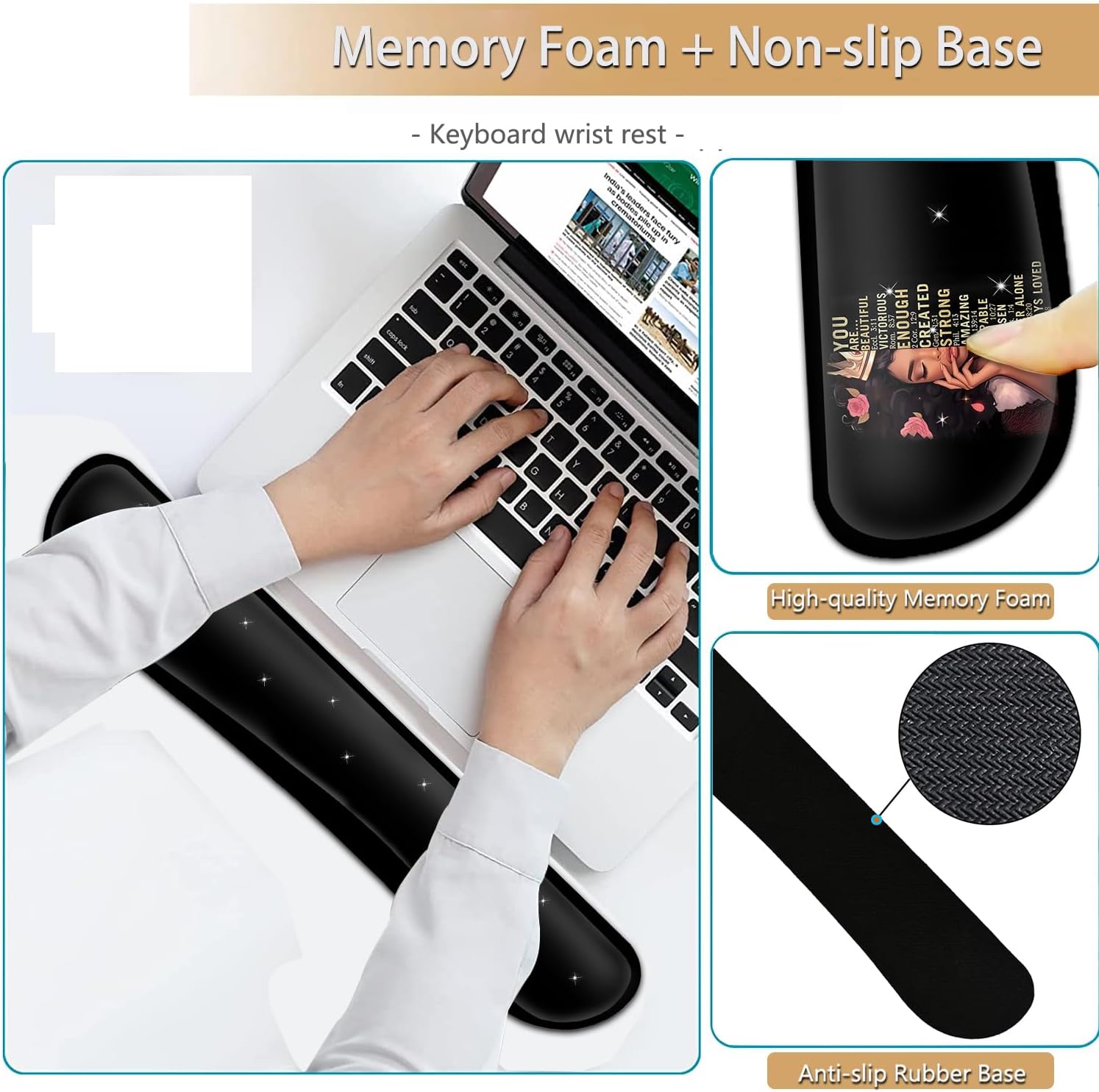 Keyboard Wrist Rest and Mouse Pad Wrist Support Set, Ergonomic Gel Mouse Pad Wrist Rest with Non-Slip Base for Home Office Desk Pad, African American Women Black Girl Black Gaming Mouse Mat