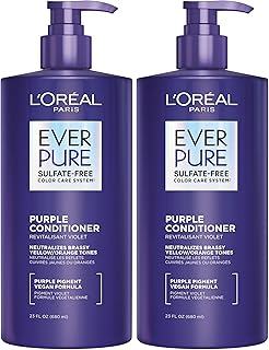 L’Oreal Paris Sulfate Free Brass Toning Purple Conditioner for Blonde,Bleached,Silver,or Brown Highlighted Hair,EverPure,23 Fl Oz (Packaging May Vary),(Pack of 2)