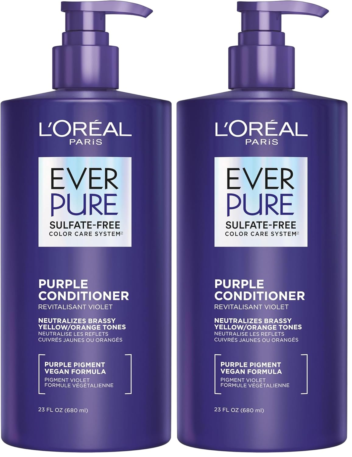 L’Oreal Paris Sulfate Free Brass Toning Purple Conditioner for Blonde,Bleached,Silver,or Brown Highlighted Hair,EverPure,23 Fl Oz (Packaging May Vary),(Pack of 2)