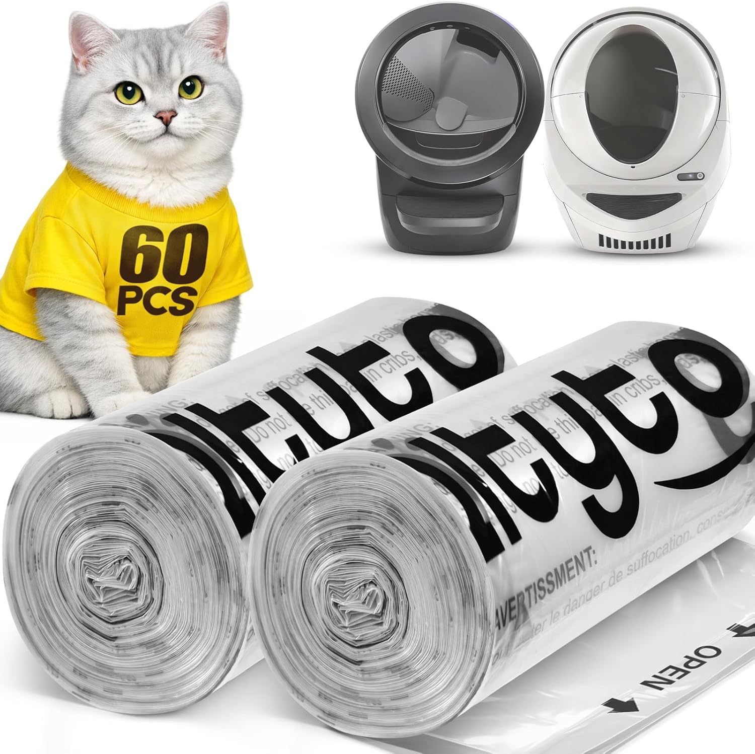 60 Count Cat Litter Bags Compatible with Litter Robot 4 & 3,Self Cleaning for Litter Robot Bags Replacement,Waste Bags,9-11 Gallons Capacity,Heavy Duty,Transparent,Easy to Tear-off