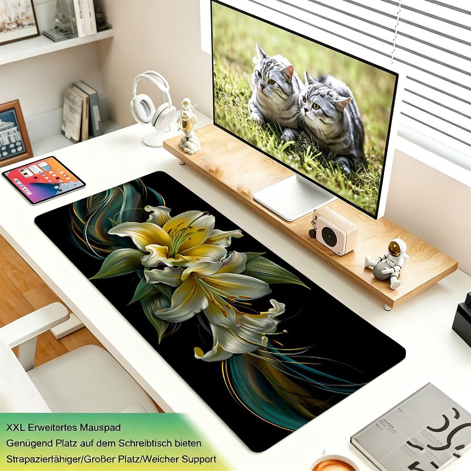 Tappetino Mouse Gaming XXL, Mousepad 1200x600x4mm nero giglio 0x0-221 | Tappetino Scrivania con Base in Gomma Antiscivolo Bordi Cuciti per Computer, PC, Migliora la Precisione e la Velocità