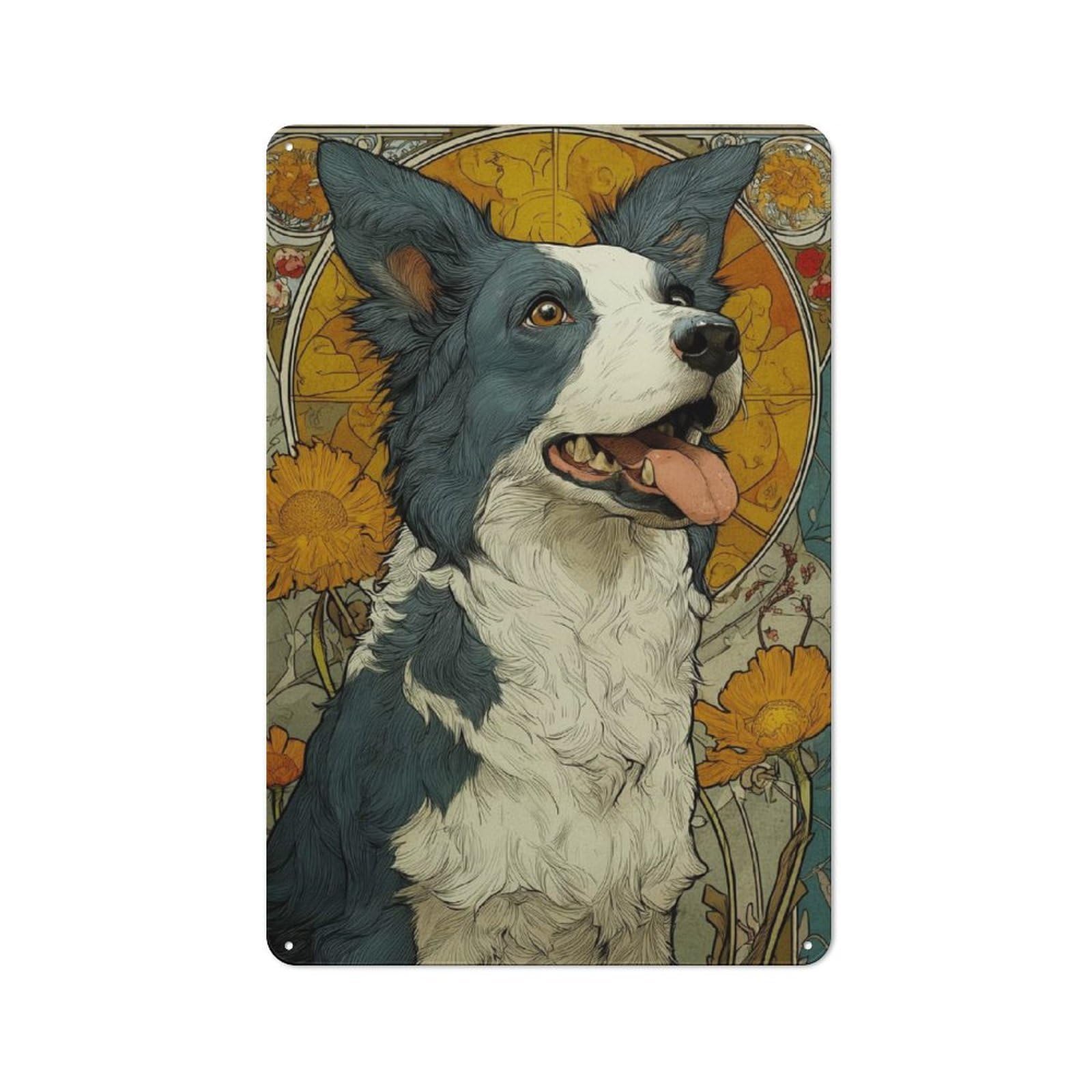 Junmoney Border Collie Art Deco Friendly Metal Wall Decor 30X20cm, Decorative Metal Plaque For Coffee Bar, Small Shop Or Dining Room