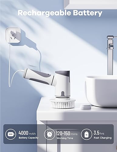 Miniatura 4 de Limpiador eléctrico giratorio, cepillo de ducha inalámbrico de doble velocidad con mango, cepillo de limpieza con IPX7 impermeable, 8 cabezales de