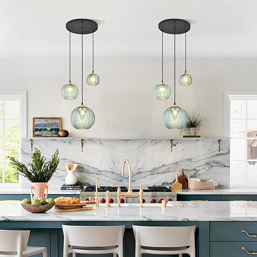 Miniatura 3 de KCO Iluminación vintage de cristal verde lámpara colgante 3 lámparas colgantes granja rayas vidrio colgante luz oro y negro luces colgantes multi
