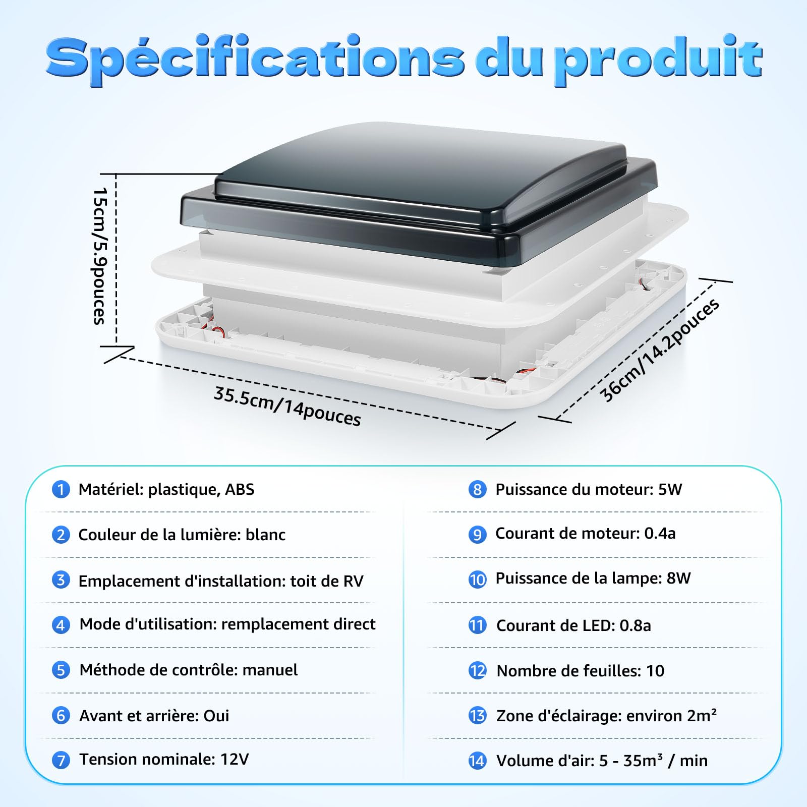 Lanterneau Camping Car 28x28cm – Ventilateur de Toit Silencieux 12V LED, Trappe Insonorisée IP68 Caravane, 6 Vitesses 30W Aération Toit Ouvert, Accessoire RV Fenêtre de Toit