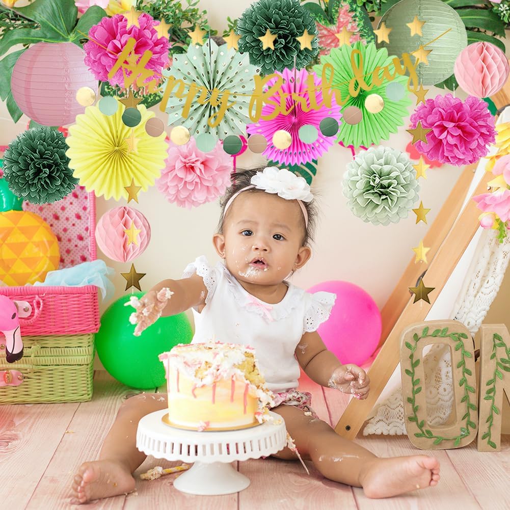 Hot Pink and Yellow Summer Birthday Decorations Kit Girl Sage Green Bright Pink Happy Birthday Decorations for Women Olive Sage Green Poms Fans Lanterns Honeycombs with Banner Gold