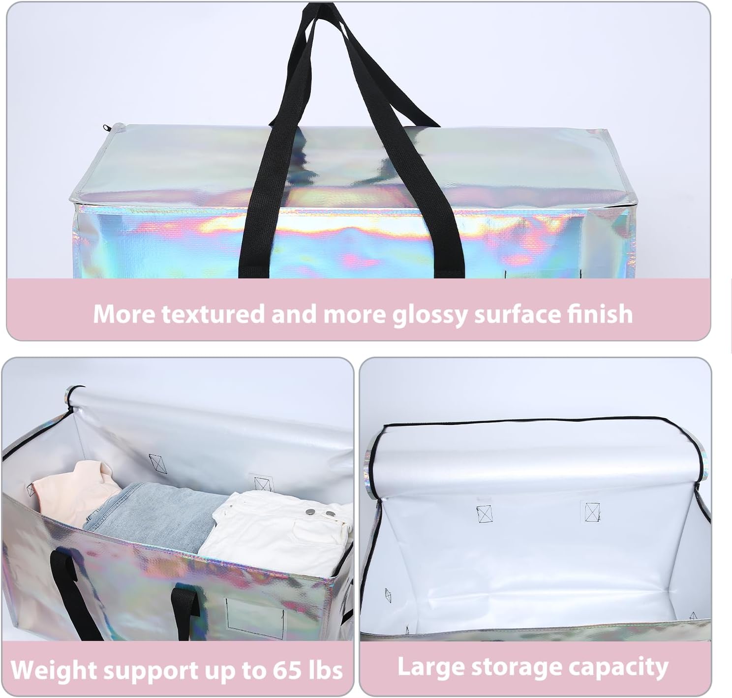 6 Pack Moving Bags Heavy Duty, Extra Large Moving Bags, Moving Supplies, Storage Bags with Handles and Zippers, Waterproof Totes for Storage Saving Packaging Shipping and Travel(Laser Silver) - Image 4