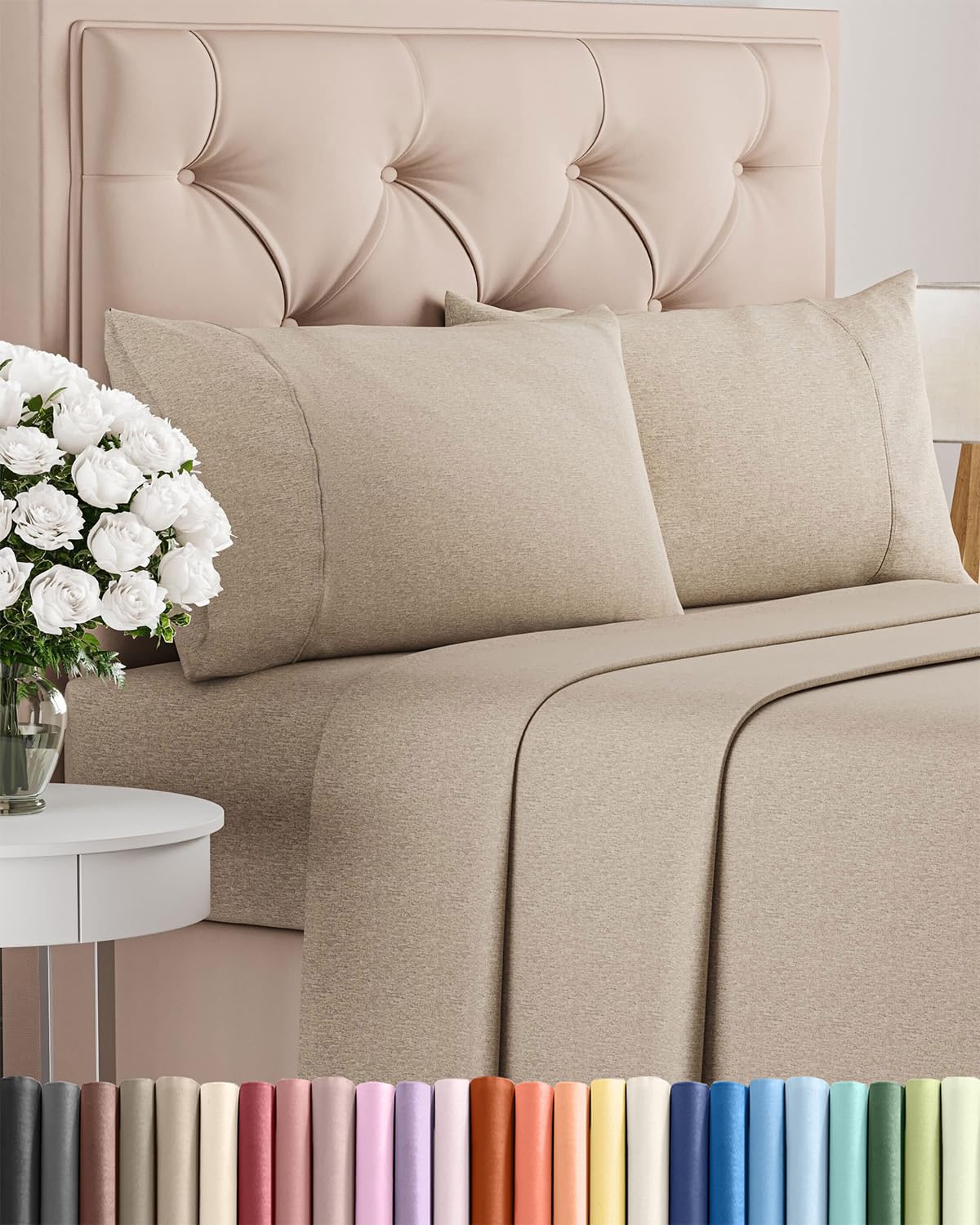 Queen Size 4 Piece Sheet Set - Comfy Breathable & Cooling Bed Sheets Set - Hotel Luxury Bedding for Women, Men, Kids, Teens, Boys & Girls - Deep Pockets, Soft & Wrinkle Free - Beige (Heathered Sheets)