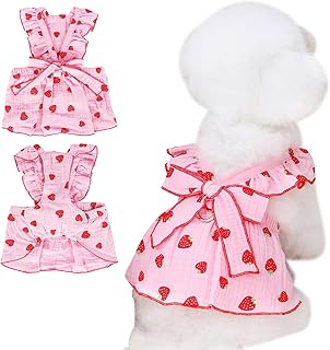 Kunyeah Mädchen-Hundekleid, Erdbeeren-Prinzessinnenkleid, Sommer, ärmellos, Welpenkleidung, Katzenschleife, Dekor-Kostüm mit Leinen-Ring, atmungsaktive Weste für kleine, mittelgroße Haustiere (Rosa, product image