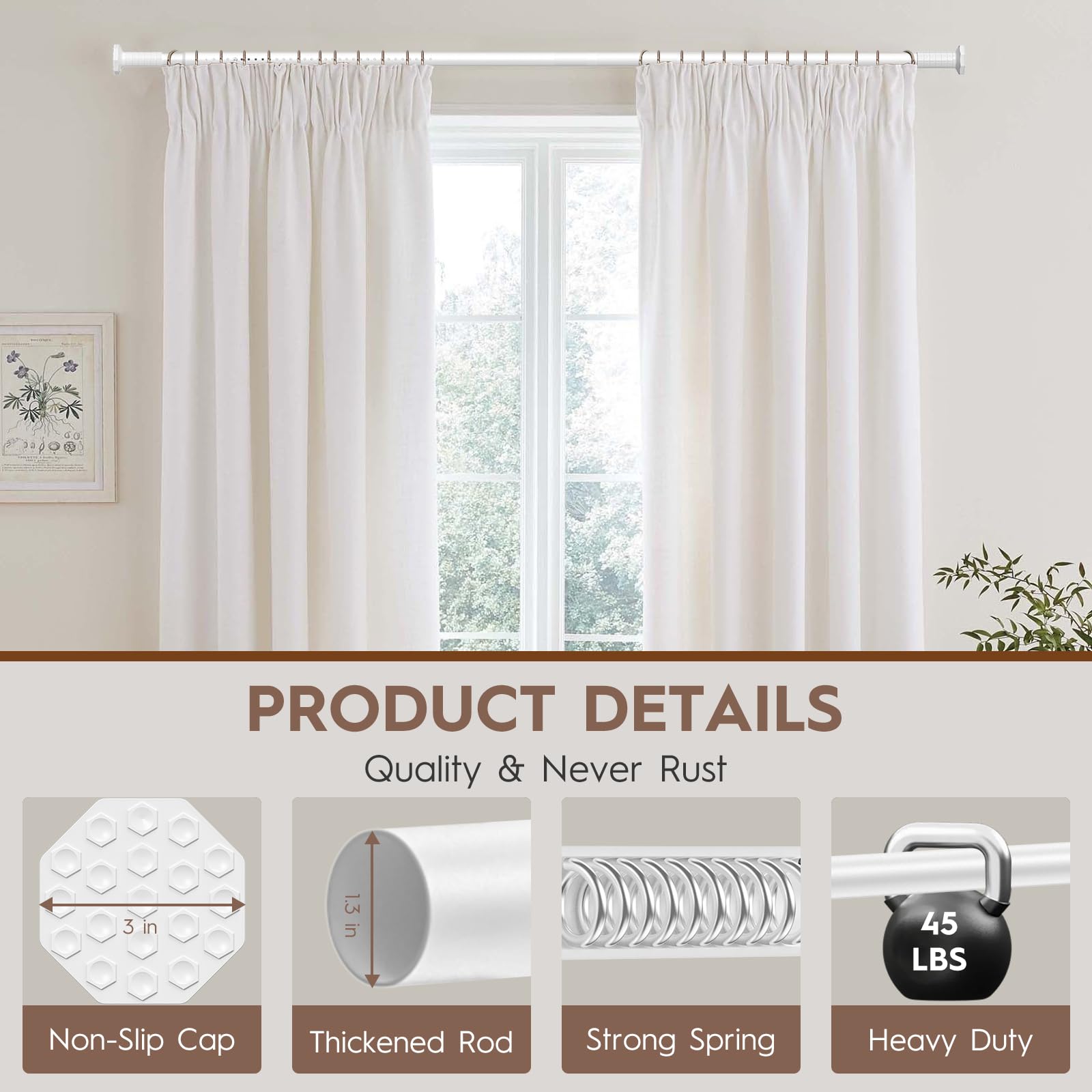 Bastone per tenda a tensione, 130-400 cm, senza foratura, extra lungo, per esterni, per patio, aste a molla regolabili per finestra del bagno, facile da installare, non arrugginisce, bianco