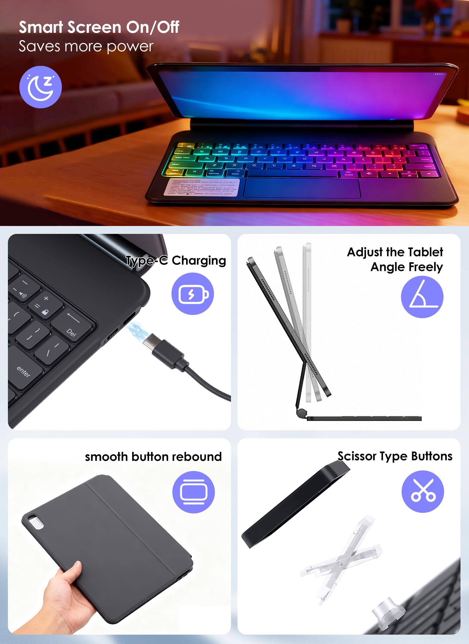 Gugxiom Custodia con tastiera per ipad 11 A16 2025/10 11" 2022, tastiera magica con touchpad, tastiera magica retroilluminata (nero)