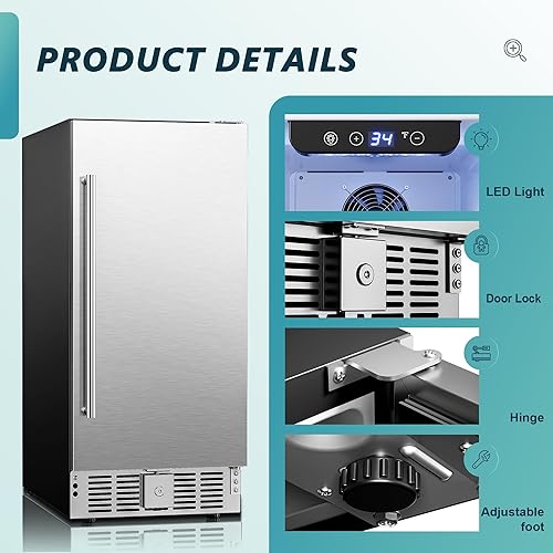 Miniatura 5 de EUHOMY Refrigerador de bebidas de 15 pulgadas, refrigerador de bebidas bajo mostrador para 127 latas con puerta de acero inoxidable, refrigerador de