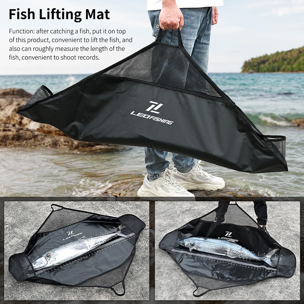 Fisch-Landmatte Angler, 120 cm, PVC-Abhakmatte mit digitaler Abhakmatte für Waagenschutz, reisefreundliche Wiegetasche, Schwarz (1 Stück)