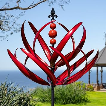 LimeHill Wind Spinner for Garden and Yard - Large Metal Kinetic Wind Sculptures for Outdoor Decor 91 Inches, Burgundy Lotus