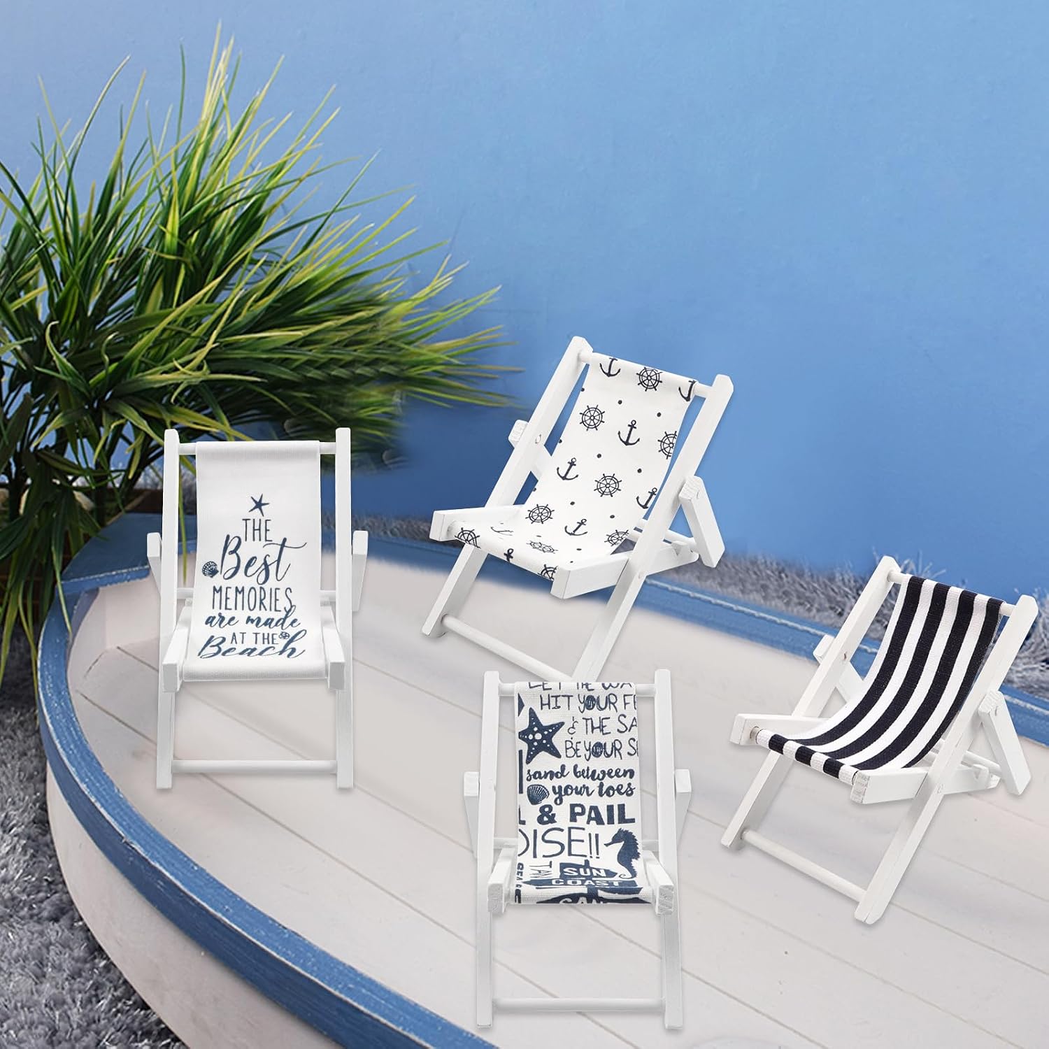 4 PCS Beach Miniature Furniture Decoration, Mini Wooden Folding Beach Chair Sunbath Chair Longue Deck for Miniature Mini Garden Cake DIY Garden Plant Pool Decor
