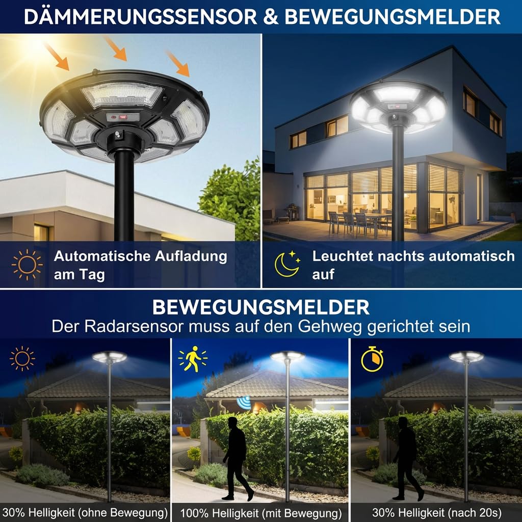 Solar Straßenlaterne Außen Stehend, Solarlampe für Garten mit Fuß und Lichtmast, 750 LED Solarstraßenleuchte Bewegungsmelder Lichtsensor, 6500K für Garten, Hof, Weg, Terrasse - H200cm