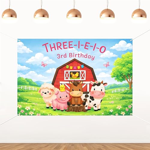 ZestZing 5x3ft Three-I-E-I-O 3rd Birthday Backdrop Farm Animal 3rd Birthday Part
