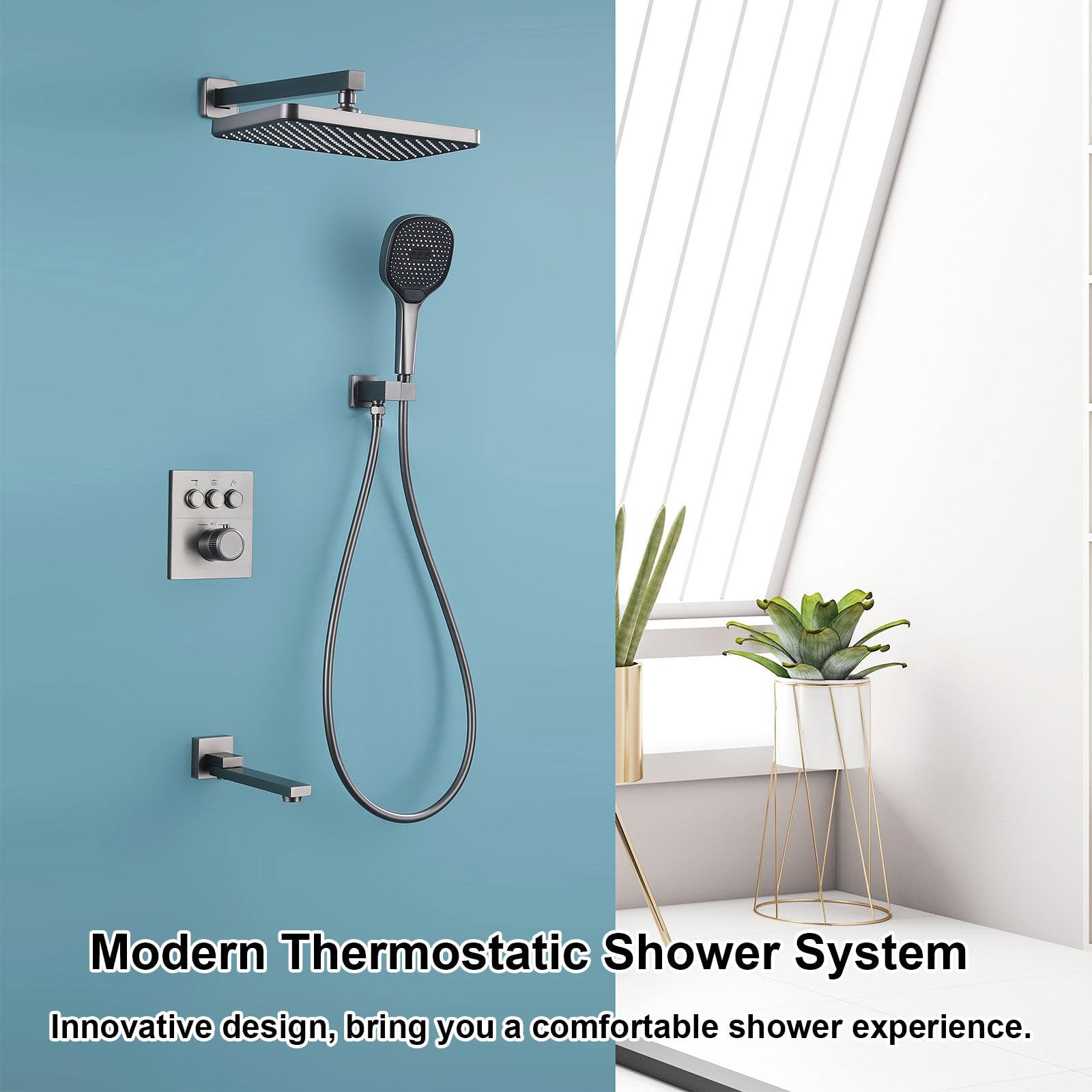System prysznicowy z termostatem, HSS0465, nowoczesny zestaw prysznicowy podtynkowy, 30 x 20 cm, deszczownica, montaż ścienny, ze słuchawką prysznicową, składany kran wannowy, miedź 59 A