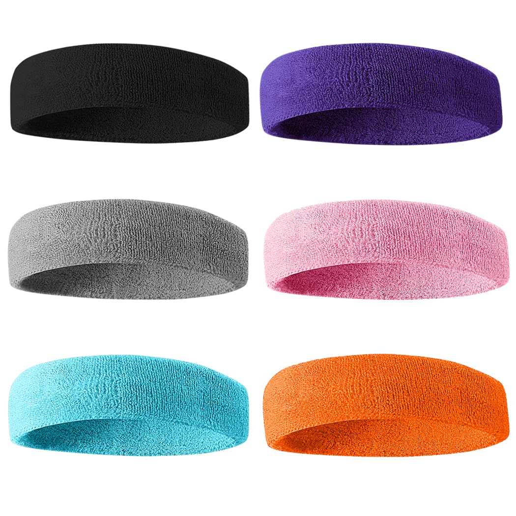 BEACE Sweatbands Sports Headband for Men &amp; Women - 6PCS Moisture Wicking Athletic Cotton Terry Cloth Sweatband for Tennis, Basketball, Running, Gym, Working Out