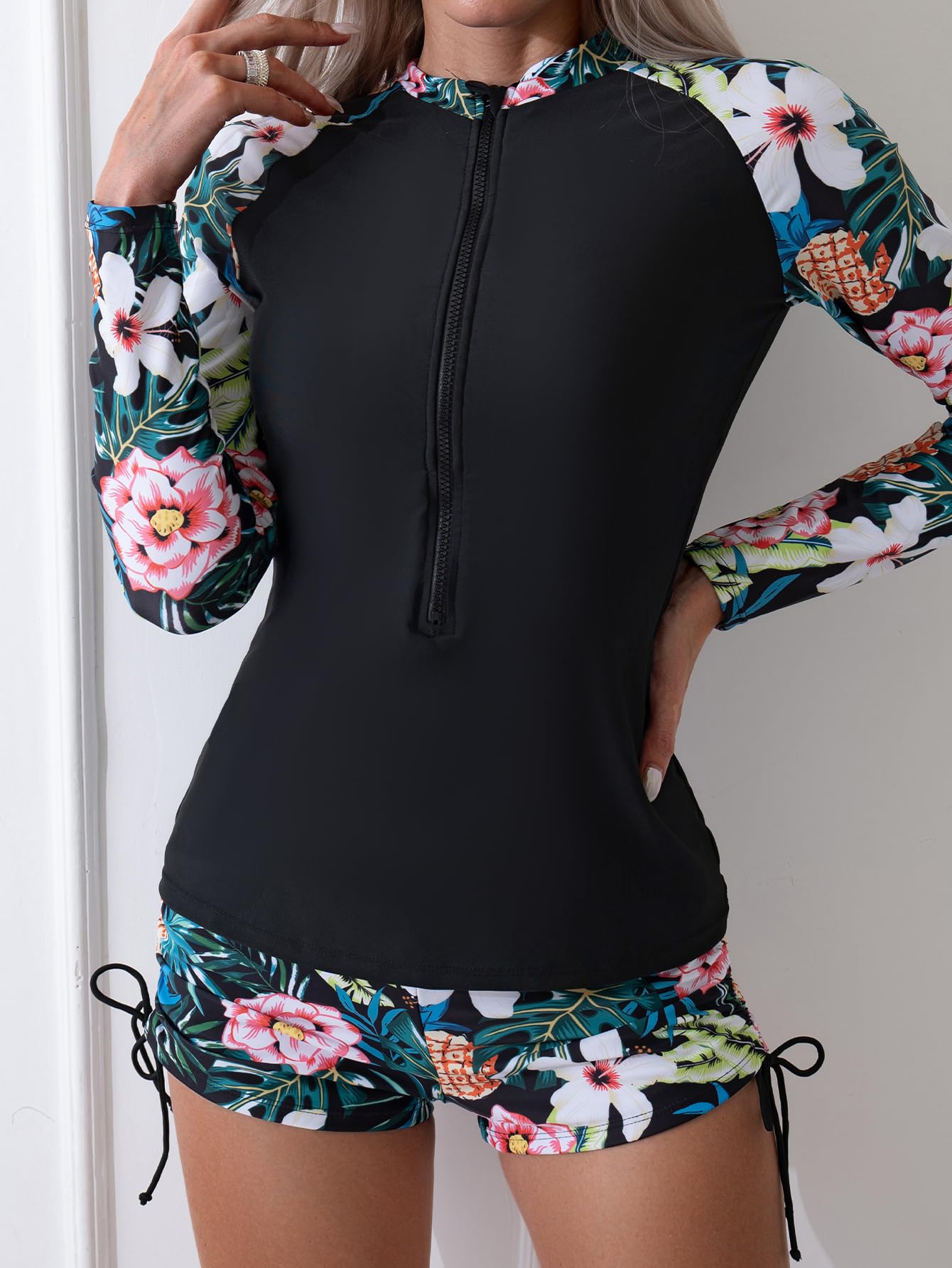 Owntop Maillot de bain 2 pièces à manches longues pour femme, maillot de bain anti-UV UPF 50+, gilet rashguard à fermeture éclair, maillot de bain floral avec bas taille haute, pour la natation et le
