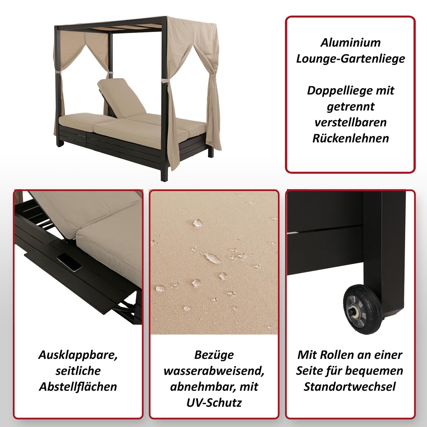 Mendler Aluminium Lounge-Gartenliege HWC-O18 schwarz, Kissen Creme | XL, Sonnenliege, Bali-Liege, Daybed, 10cm-Polster, 193x126x204cm