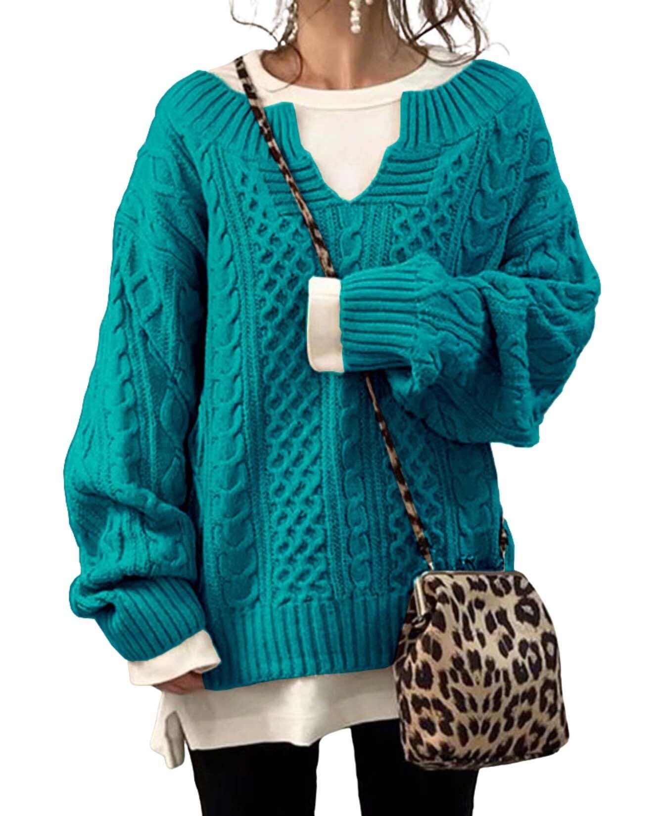 Cable Knitted Sweaters for Women Fall Winter Fashion V Neck Loose Fit Plus Size Casual Chunky Pullover Jumper