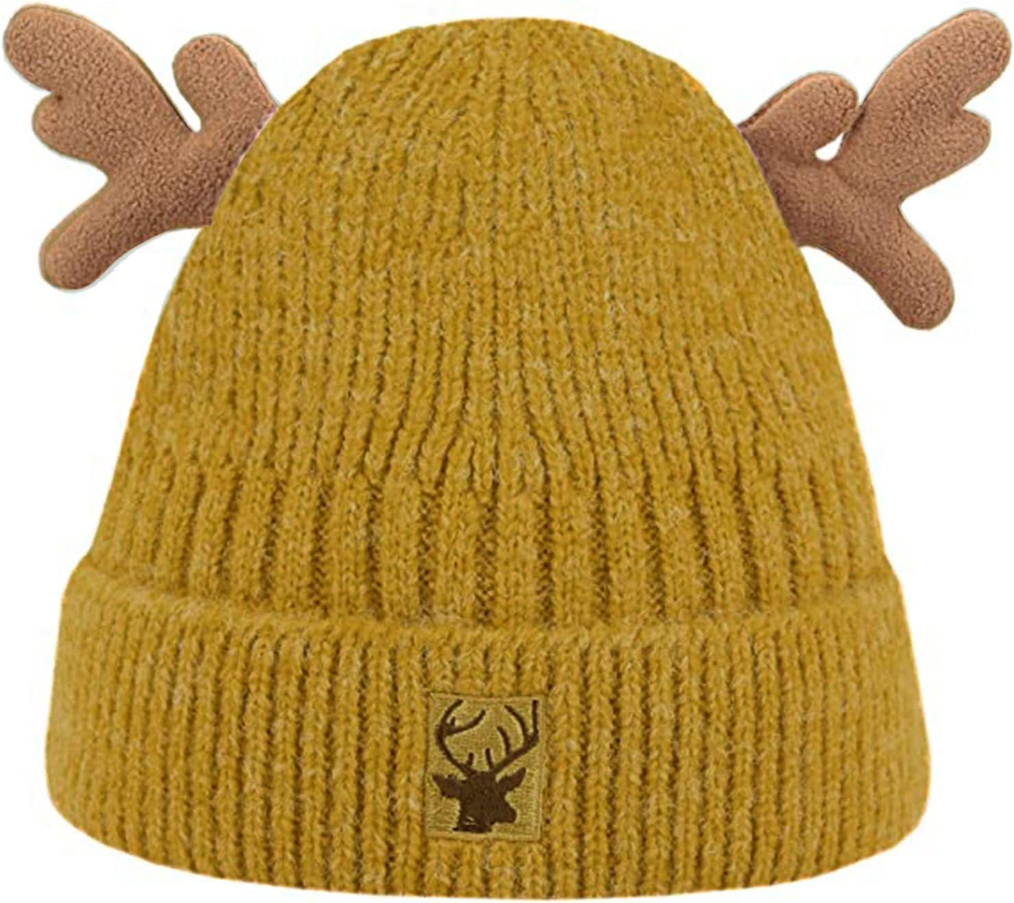 RARITYUS Women Warm Hat Cute Reindeer Antlers Knitted Winter Hats Crochet Earflap Knit Cap Beanie for Adults Kids