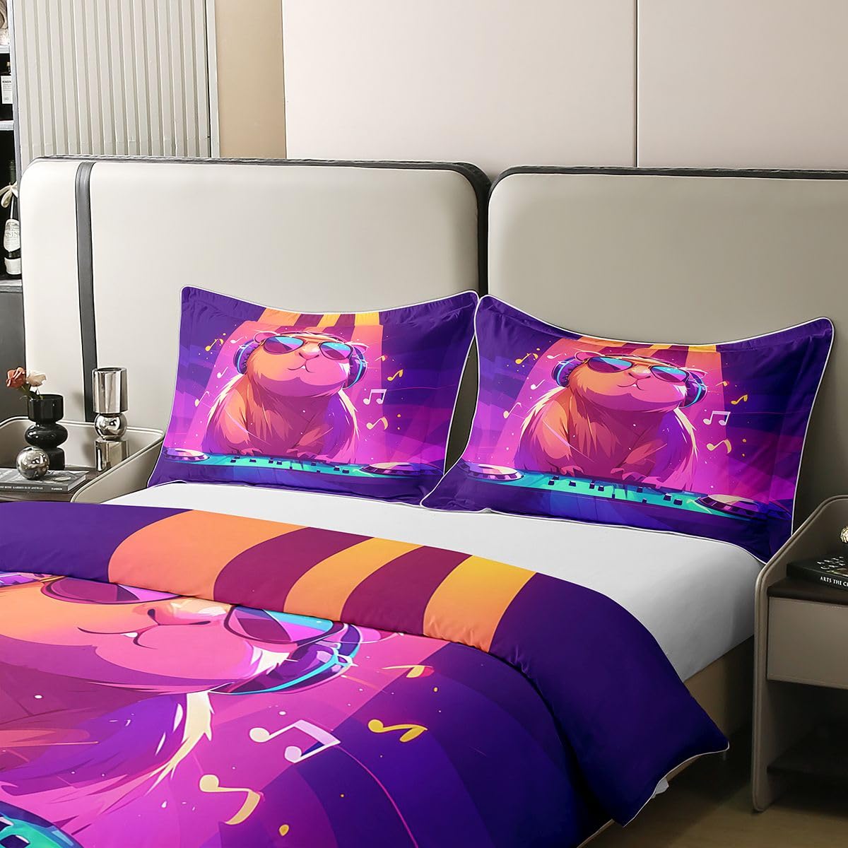 Manfei Set di biancheria da letto con simpatico porcellino d'India, per ragazzi e ragazze, divertente, motivo criceto, animale, musica hip hop, viola, decorazione per camera da letto, 2 pezzi, per