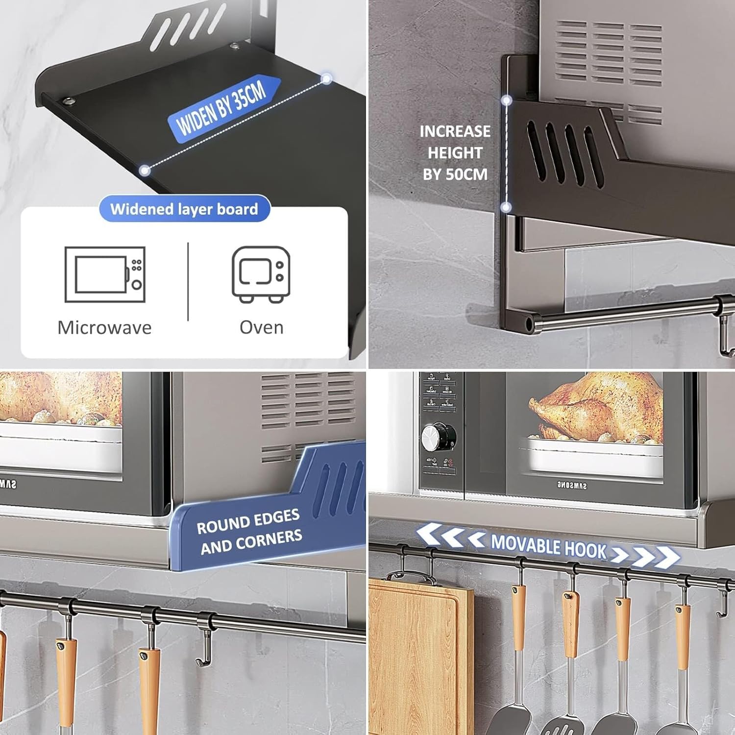 Wall-Mounted Kitchen Pot & Pan Rack, Electric Oven Holder Shelf, 60cm 80cm Cookware Storage Organizer, White, Space-Saving Wall Shelf(50Cm)