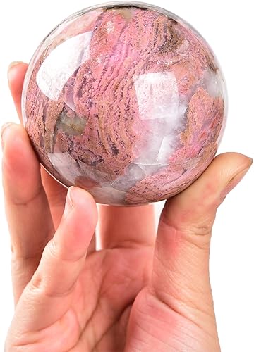 AMOYSTONE Esfera de adivinación de bola de rodonita con soporte de madera, bola decorativa, esfera de cristales curativos naturales para Feng Shui,