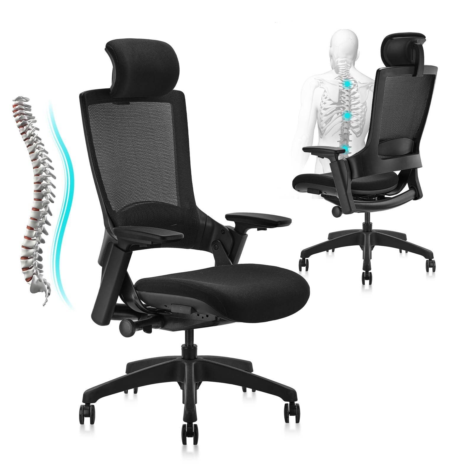 CLATINA Ergonomic High Swivel Executive Chair with Adjustable Height Head 3D Arm Rest Lumbar Support and Upholstered Back for Home Office Black Mesh 2 Pack