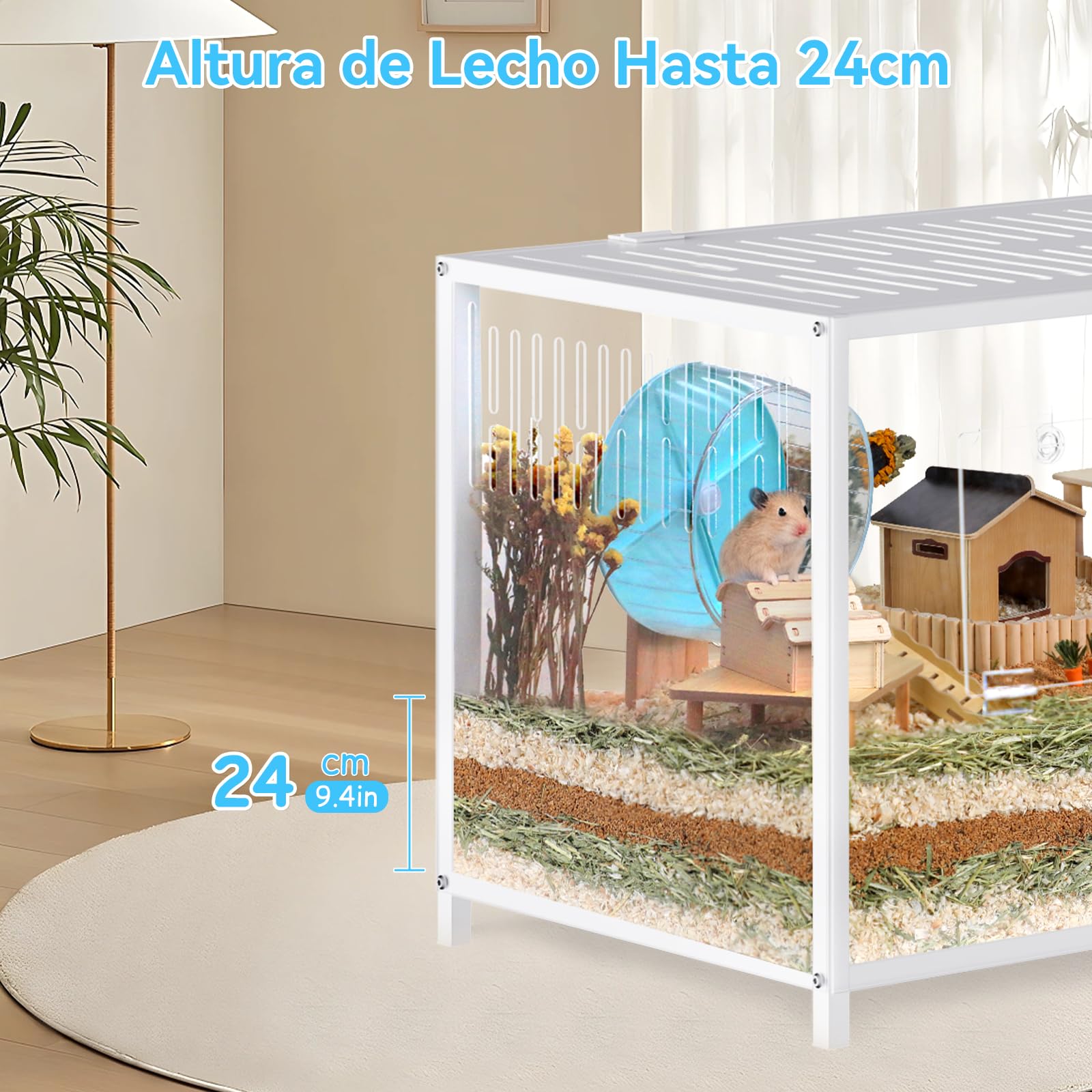 BORISI Jaula para Hámster Grande 103x56x52 cm, Metal y Acrílico | Espacio 0,58 m², Para hámster y ratón, Base profunda, Vista acrílica, 2 puertas aireadas, Guía de montaje