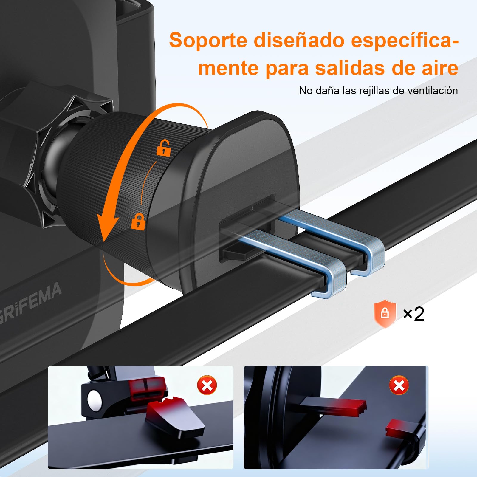 GRIFEMA Soporte Móvil Coche para Rejilla de Ventilación con Cierre Automático, Rotación 360°, Uso con Una Mano, Compatible con Teléfonos de 4,7 a 7 Pulgadas con Funda​​ — view 3