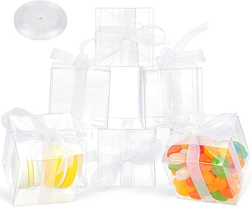 Moretoes 120 cajas de regalo, cajas de regalo transparentes de 2 x 2 x 2 pulgadas con cintas, caja de plástico transparente para dulces mini