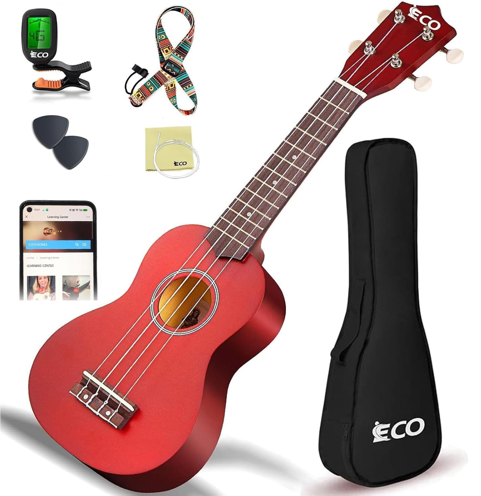 Kit de débutant ukulélé soprano pour enfants et débutants, Ukelele 21 pouces avec recueil de chansons, étui, sangle, accordeur, cordes et médiators