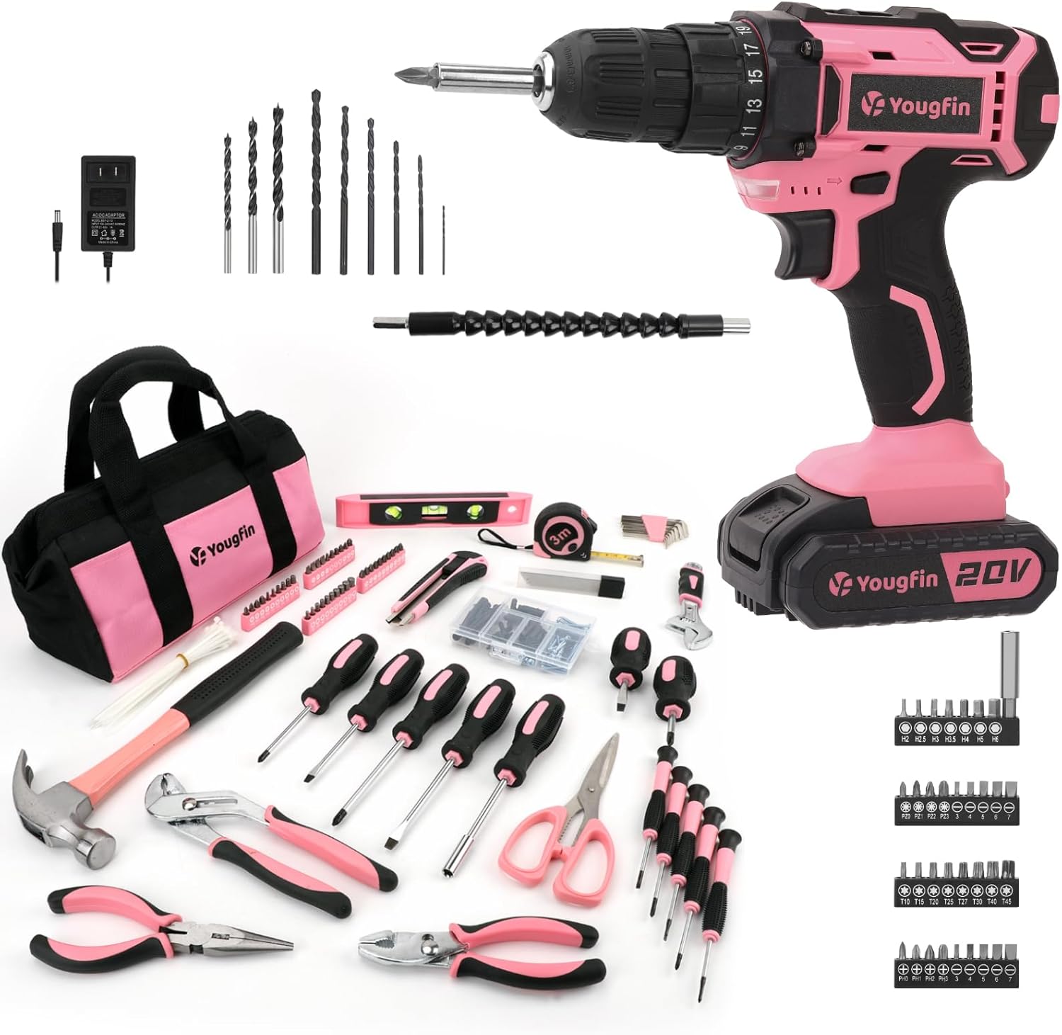 Yougfin Pink Tool Set, 215 Pcs Lady's General Home Repairing Tools Kit with 20V Pink Cordless Drill Set With Battery & Charger