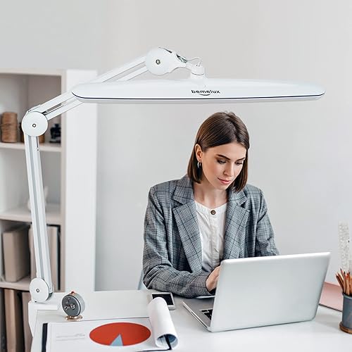 Miniatura 5 de Bemelux Lámpara de trabajo con abrazadera, 117 luces LED brillantes, brazo oscilante de metal de 24 W, 2200 lúmenes, lámpara de escritorio LED