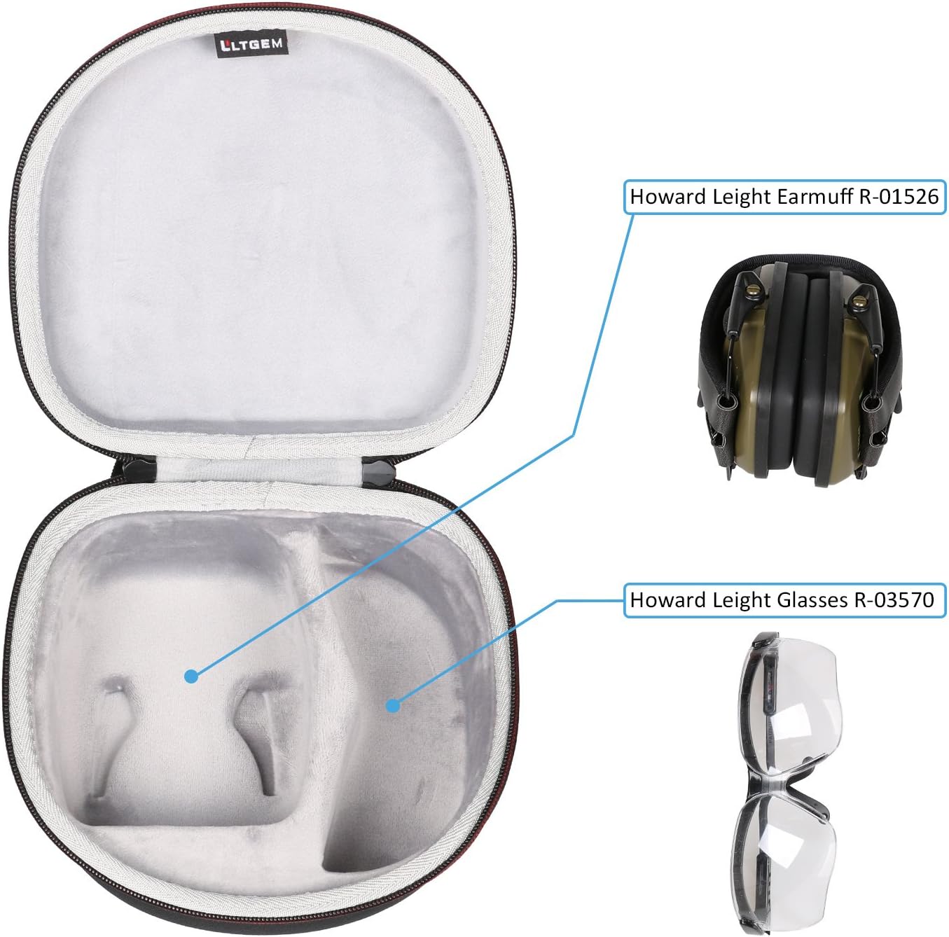 LTGEM Case for both Howard Leight by Honeywell Impact Sport Earmuff and Genesis Sharp-Shooter Safety Eyewear Glasses (R-03570) - Black