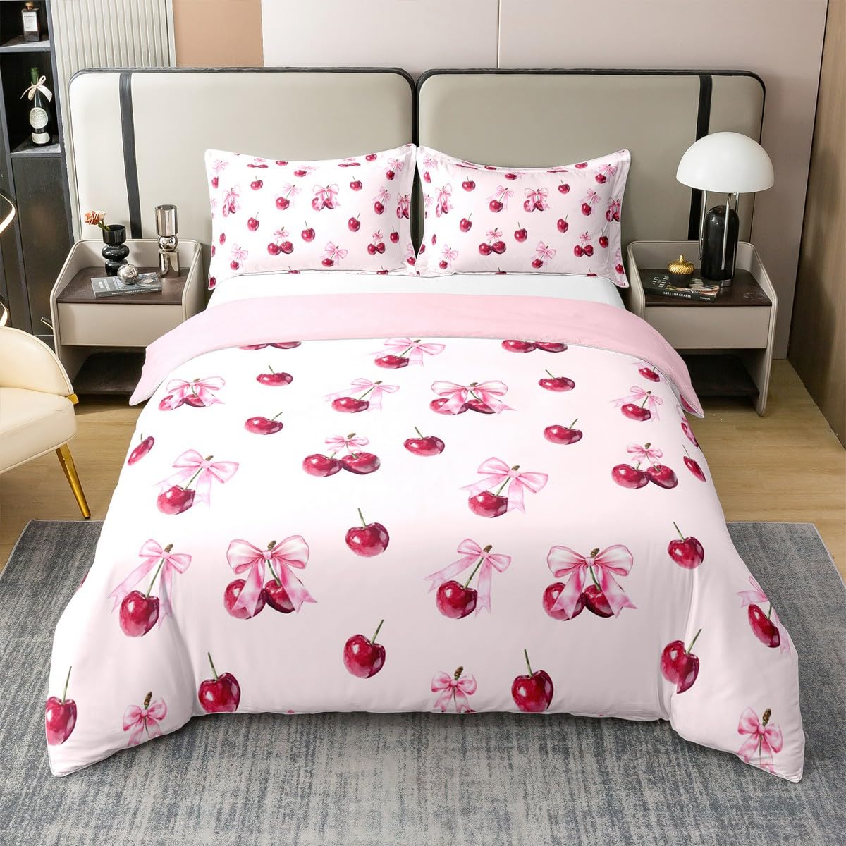 Homewish Czerwona wiśnia poszewka na kołdrę pojedynczy różowy łuk bawełna zestaw pościeli Kawaii dziewczęca wiśnia poszewka na kołdrę dla dzieci dziewcząt kobiet, śliczna kokardka zestaw pościeli s