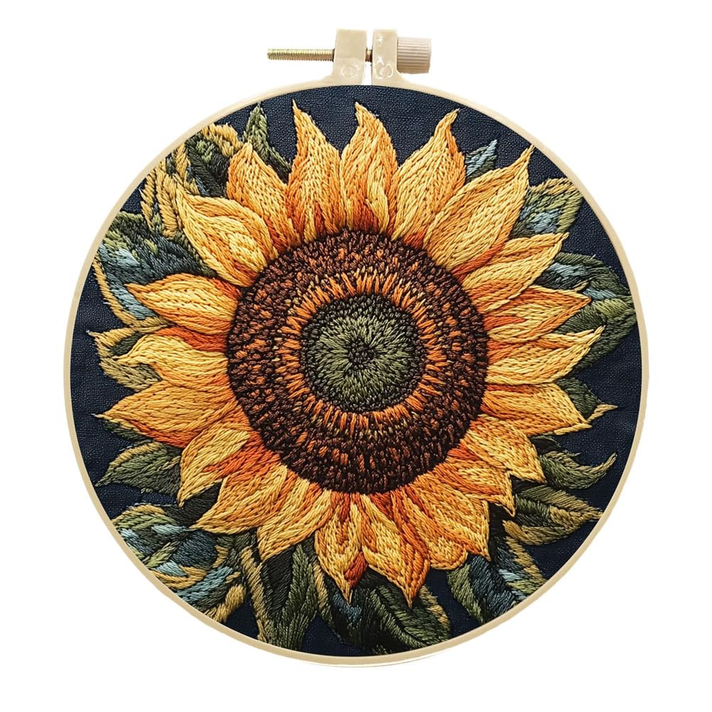 Meecaa Embroidery Kit Starter Set, Sunflower Flower Plant Hand Embroidery Set, Pattern Printed Cross Stitch Set for Beginner Adults, with Embroidery Hoop and Instructions (Sunflower)