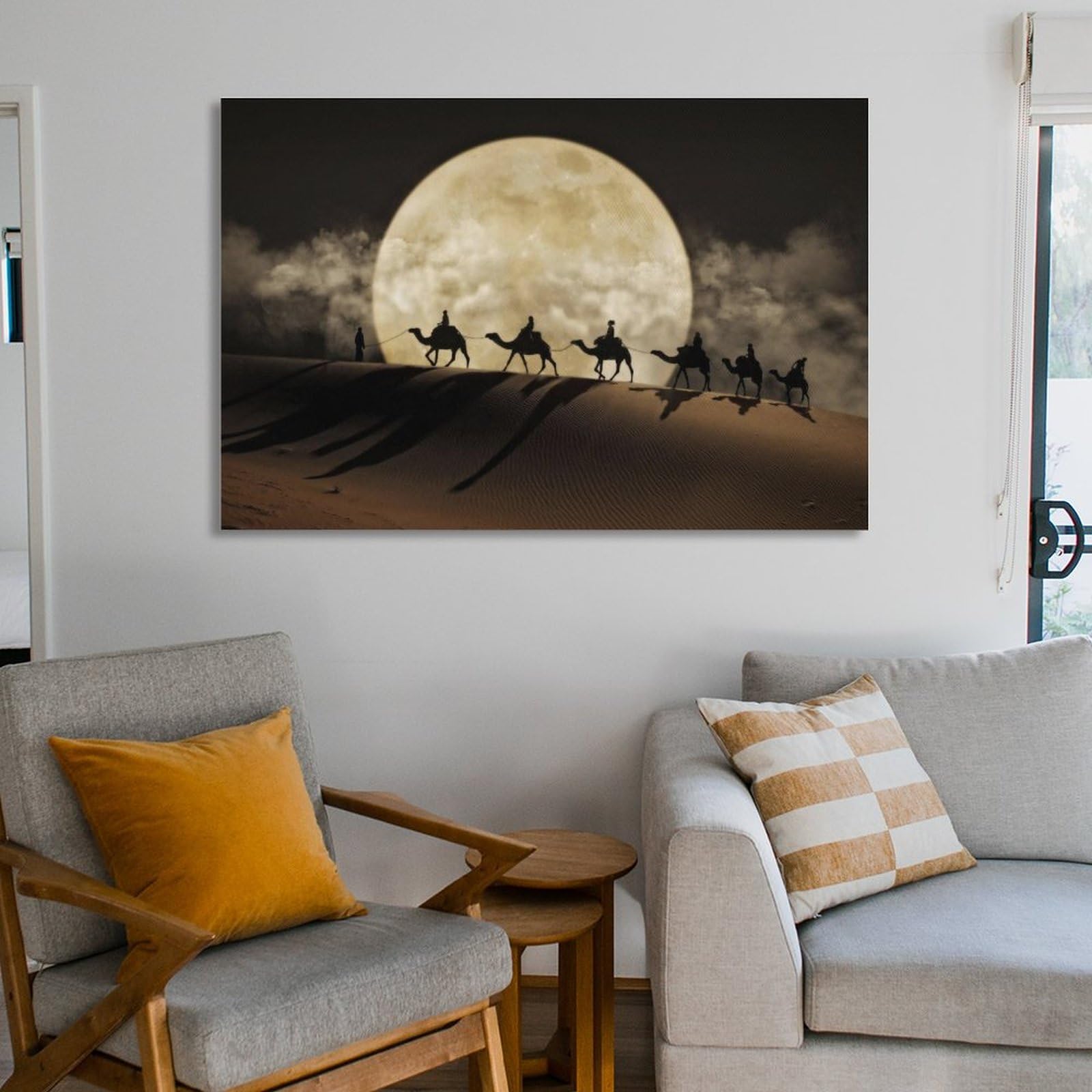 Amazon.co.jp: 砂漠のラクダの風景キャンバス絵画月の夜のシーン
